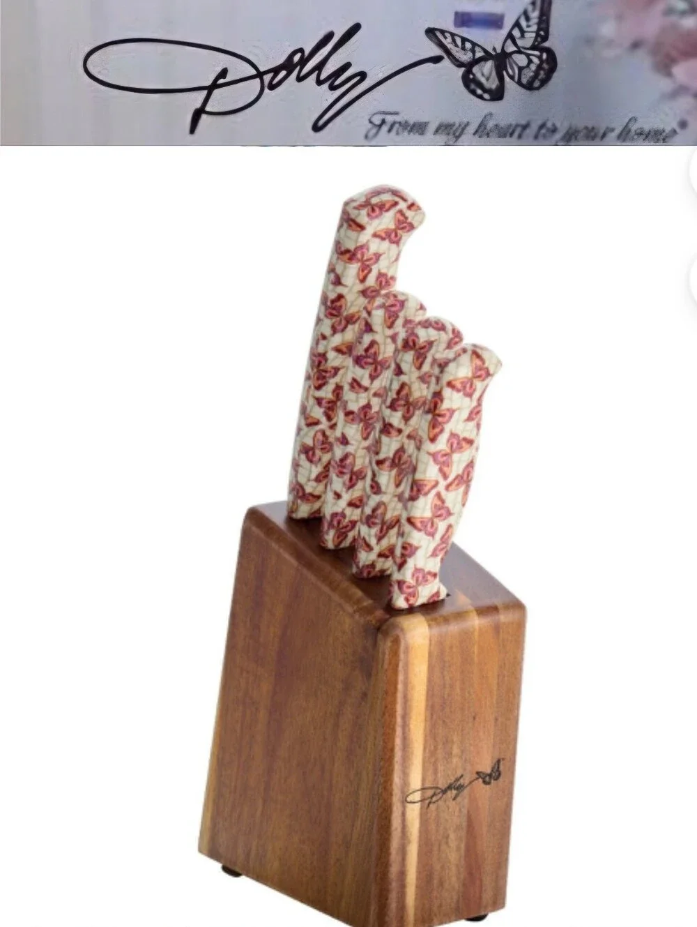 Dolly Parton Butterfly Print 5-PC Cutlery Prep Set w/Wood Block
